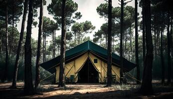 verão acampamento dentro a pinho vista da floresta do acampamento tendas entre a pinho árvores , generativo ai foto