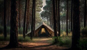 verão acampamento dentro a pinho vista da floresta do acampamento tendas entre a pinho árvores , generativo ai foto