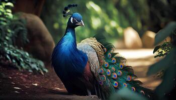 lindo masculino indiano pavão. fechar-se do uma pavão com espalhar asas. generativo ai foto