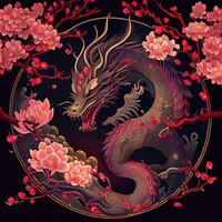 generativo ai ilustração do chinês Dragão, astral fundo, chinês zodíaco fundo, cereja florescer, flores, chinês Novo ano. foto