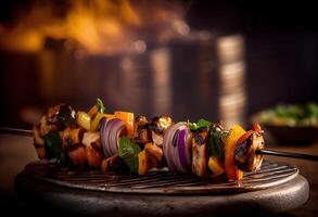 generativo ai ilustração do espetado shish Churrasquinho, kebabs - grelhado carne espetos, legumes em Preto de madeira fundo. carne espetos dentro uma churrasco foto