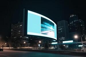 futurista néon cidade com Painel publicitário às rua. generativo ai foto