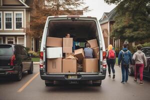 aberto carga furgão com cartão caixas, comovente conceito. generativo ai foto