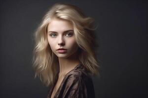 retrato do uma elegante europeu menina com grandes loiro cabelo. estúdio claro. Sombrio fundo. generativo ai foto