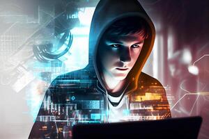 uma Adolescência, jovem hacker às a computador dentro uma néon brilho. generativo ai foto