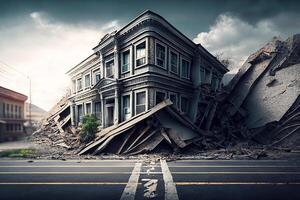 terremoto, destruído casas ao longo a rua. generativo ai foto