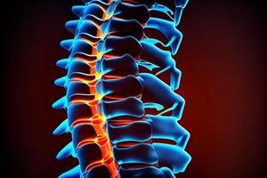 raio X do uma pessoas coluna vertebral com a coluna vertebral área iluminado. generativo ai foto