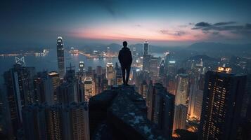 uma homem carrinhos em uma arranha-céu e parece Fora sobre a tarde hong kong cidade. generativo ai foto