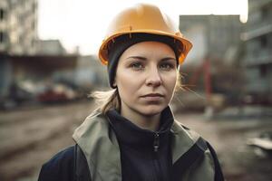 retrato do uma fêmea engenheiro vestindo uma construção capacete às uma construção local. generativo ai foto