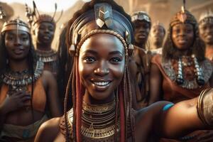 pele escura africano garota, Guiné princesa, dentro nacional traje sorridente e levando selfies dentro frente do dela amigos. generativo ai foto