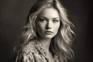 retrato do uma elegante europeu menina com grandes loiro cabelo. estúdio claro. Preto e branco foto. generativo ai foto