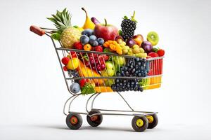 uma supermercado carrinho cheio do diferente frutas e legumes. branco fundo. generativo ai foto