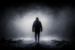 uma homem caminhando dentro a névoa em a estrada. nebuloso noite. generativo ai foto