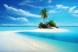 tropical ilha, branco areia, Palma árvores, mar. panorama. generativo ai foto