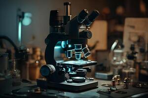 microscópio dentro a laboratório, médico microscópio dentro a sala escura. generativo ai foto