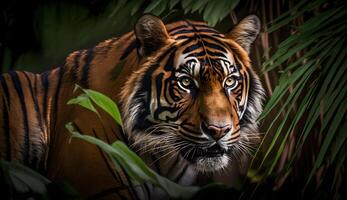 sumatra tigre olhando às a câmera, tigre caminhando dentro tropical floresta conservação .generativo ai foto