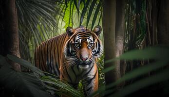 sumatra tigre olhando às a câmera, tigre caminhando dentro tropical floresta conservação .generativo ai foto