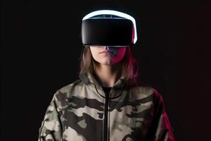 uma mulher vestindo uma virtual realidade fone de ouvido foto