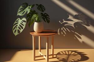 de madeira mesa com lindo iluminado pelo sol verde tropical plantar folhas e sombras em bege muro. ai gerado foto