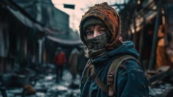 sobrevivente guerra dentro uma devastado cidade. generativo ai foto