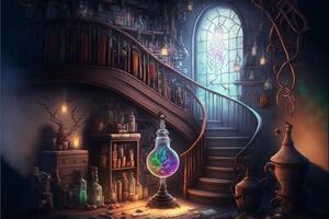 feiticeiros escola quarto mágico livros flutuando. generativo ai foto