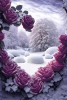 coração em forma guirlanda do Rosa rosas dentro a neve. generativo ai. foto