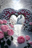 jardim preenchidas com grande quantidade do Rosa flores coberto dentro neve. generativo ai. foto