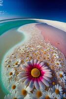 Rosa e branco flor sentado em topo do uma arenoso de praia. generativo ai. foto