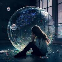 mulher sentado dentro frente do uma ampla bolha preenchidas com confete. generativo ai. foto
