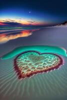 coração em forma Rocha dentro a areia em uma de praia. generativo ai. foto