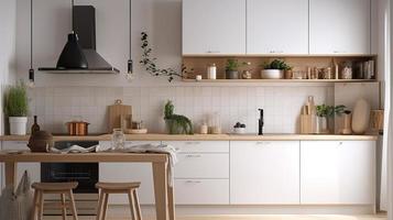 simples minimalista moderno cozinha acolhedor confortável e elegante para casa e apartamento, gabinete, cozinha afundar, e alguns cozinha eletrodomésticos, jantar sala, Boa interior. foto