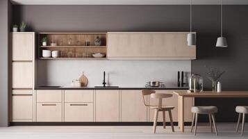 simples minimalista moderno cozinha acolhedor confortável e elegante para casa e apartamento, gabinete, cozinha afundar, e alguns cozinha eletrodomésticos, jantar sala, Boa interior. foto