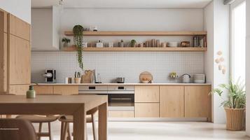 simples minimalista moderno cozinha acolhedor confortável e elegante para casa e apartamento, gabinete, cozinha afundar, e alguns cozinha eletrodomésticos, jantar sala, Boa interior. foto