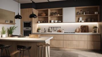 simples minimalista moderno cozinha acolhedor confortável e elegante para casa e apartamento, gabinete, cozinha afundar, e alguns cozinha eletrodomésticos, jantar sala, Boa interior. foto