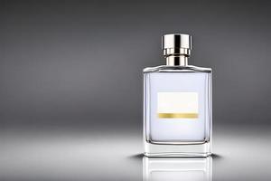 branco transparente garrafa perfume brincar estúdio tomada, isolado fundo, branco rótulo, marketing e produtos apresentação. foto
