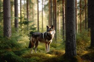 uma Lobo dentro uma norte europeu floresta criada com generativo ai tecnologia foto