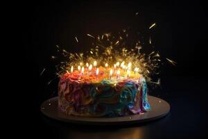 uma aniversário bolo com grande quantidade do luzes criada com generativo ai tecnologia. foto