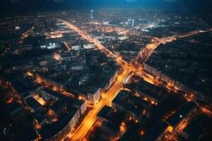 aéreo Visão do uma Cidade grandes exposição com grande quantidade do luzes criada com generativo ai tecnologia. foto