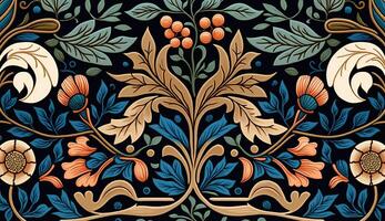 generativo ai, floral colorida padronizar. William Morris inspirado natural plantas e flores fundo, vintage ilustração. folk estilo foto