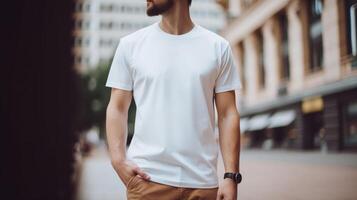 generativo ai, realista branco camiseta zombar acima em branco colocar em jovem homem, copyspace para apresentação anúncio. em branco o negócio conceito foto