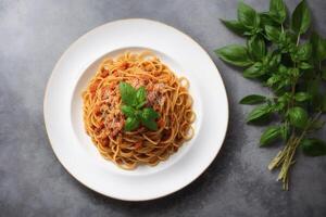 espaguete massa com parmesão queijo e salsinha em uma placa. generativo ai foto