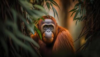 orangotango dentro uma tropical floresta tropical conservação área , Bornéu endêmico primatas , generativo ai foto