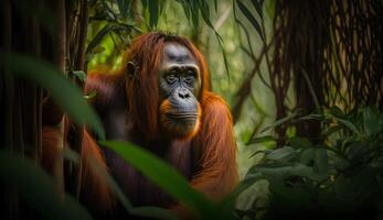 orangotango dentro uma tropical floresta tropical conservação área , Bornéu endêmico primatas , generativo ai foto