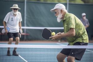 foto do a idosos homem segurando uma pickleball raquete em uma pickleball tribunal. generativo ai