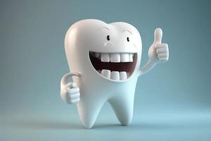 3d realista feliz branco dente , dente desenho animado personagens com polegares acima em brilhante fundo , limpeza e branqueamento dentes conceito foto