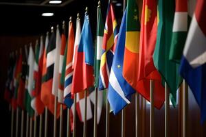 a internacional dia do multilateralismo e diplomacia para paz. muitos bandeiras do diferente países. ai generativo foto