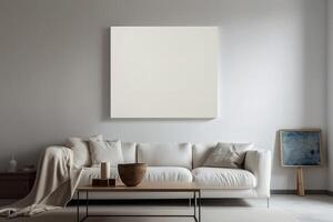 em branco branco tela de pintura dentro do uma vivo quarto para uma parede arte brincar ilustração com generativo ai foto