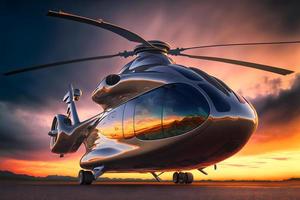 moderno futurista exército helicóptero transporte dentro cidade Centro. neural rede gerado arte foto