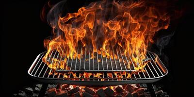 esvaziar churrasco flamejante carvão grade com brilhante chamas do fogo isolado em a Preto fundo ai gerado foto