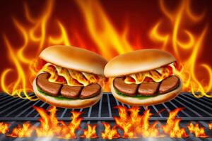 hambúrgueres e quente cachorros cozinhando em grade com chamas ai gerado foto